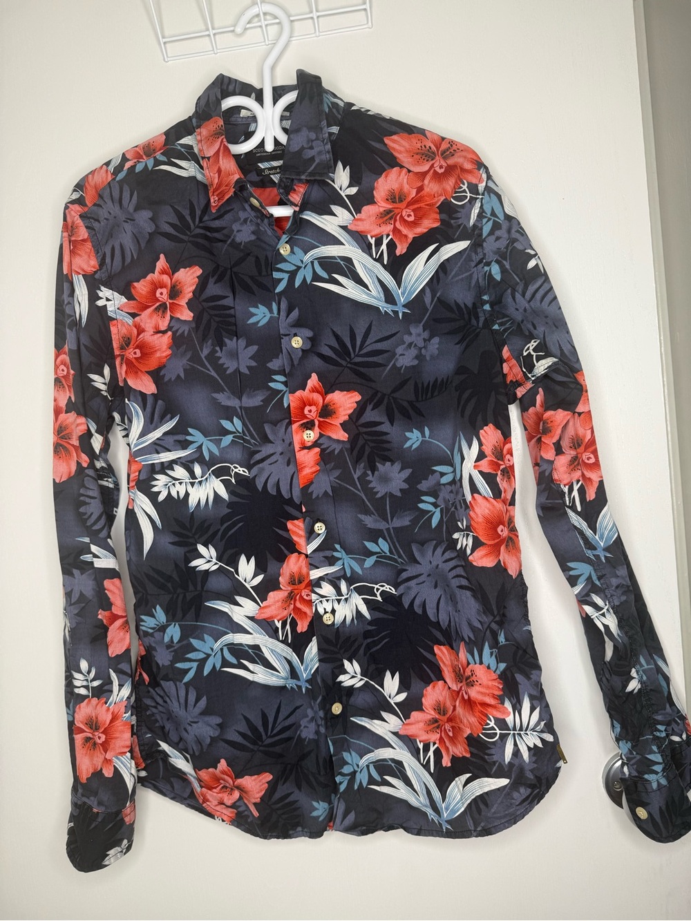 Scotch & Soda Men's Black Floral Button-Up Shirt with Red Blooms Stretch Large
